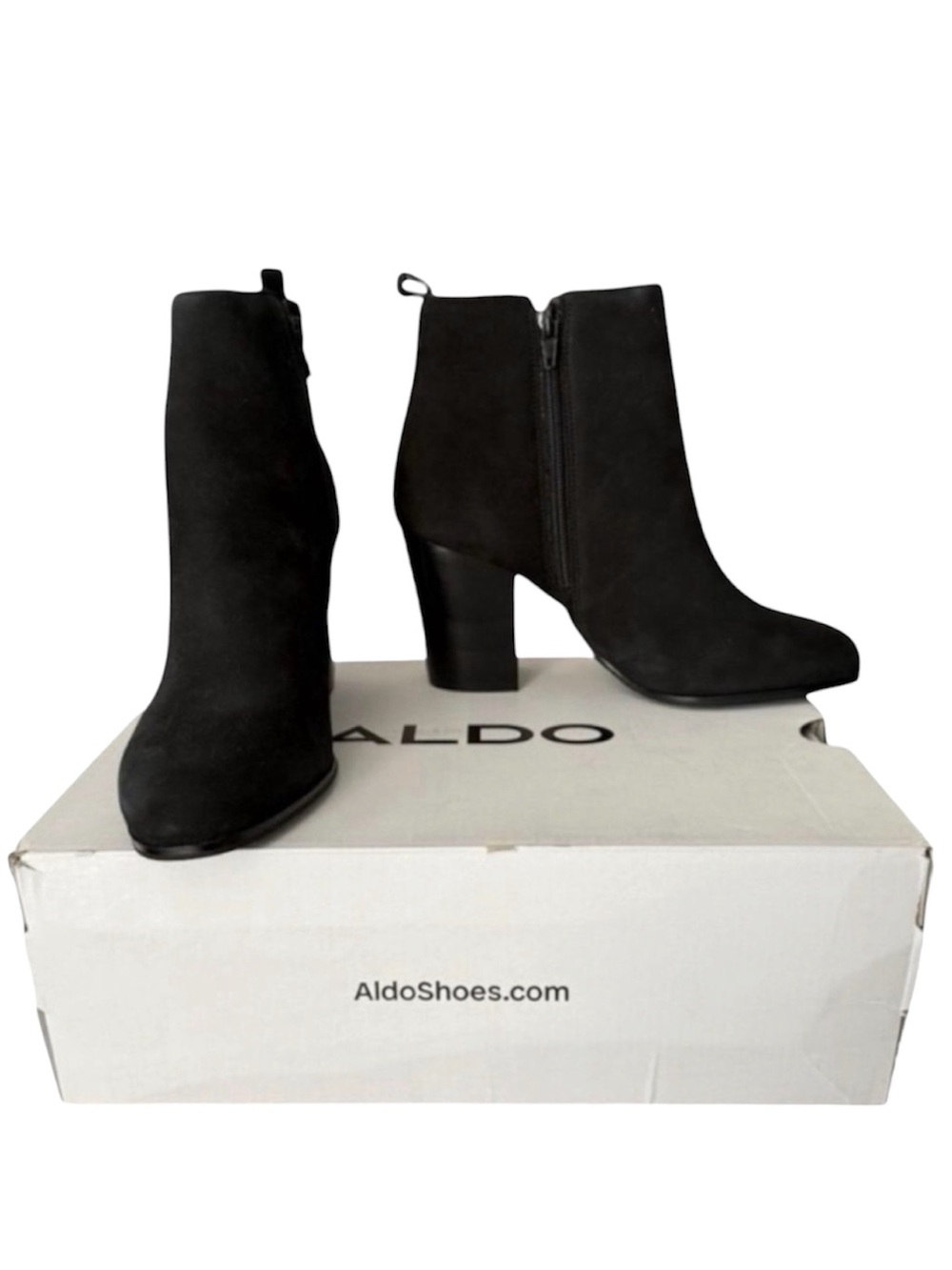 ALDO Noemieflex Black Suede Ankle Boots Block Heel Zip Chunky Booties Size 9⁠